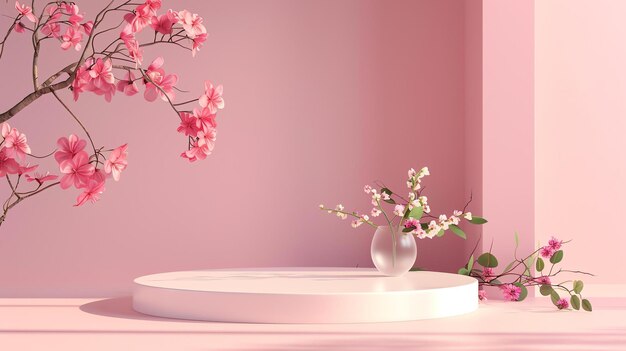 Foto delicadas flores cor-de-rosa adornam um pódio minimalista, criando uma cena serena e elegante