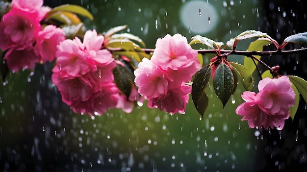 Delicadas flores cor de rosa na chuva