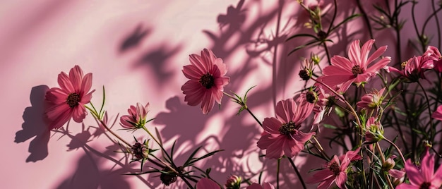 Delicadas flores del cosmos y sus sombras sobre un fondo rosado iluminadas por la suave luz del sol que crean un estado de ánimo romántico