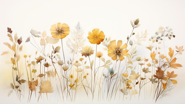 Foto delicadas flores de aquarela desenhadas à mão espalhadas sobre uma tela branca e limpa