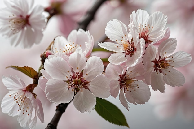 Delicadas flores de cerejeira com gotas de orvalho