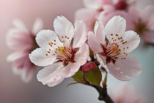 Foto delicadas flores de cerejeira com gotas de orvalho