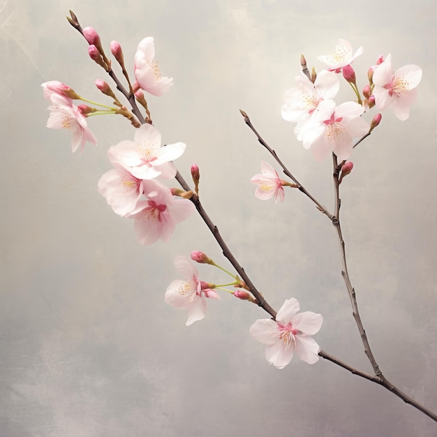 Delicadas flores de cerejeira cor-de-rosa contra um fundo cinzento suave