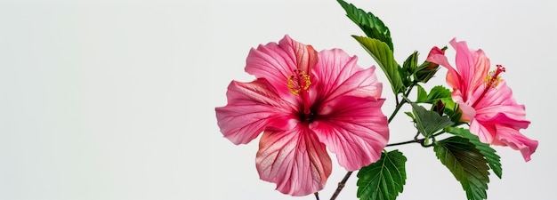 Delicadas flores de hibisco e folhas verdes em um pano de fundo neutro de estilo art déco horizontal