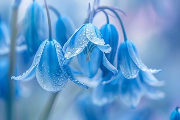 Delicadas flores de sinos cobertas de gotas de orvalho com fundo de foco suave na luz etérea da manhã