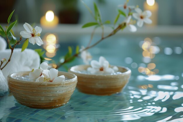 Delicadas flores flotan en el agua del spa acompañadas de velas y toallas suaves creando un santuario AI G