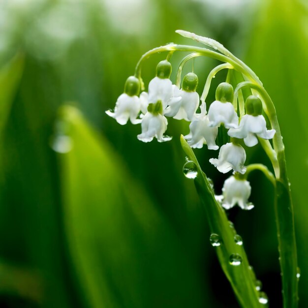 Delicadas flores de lirio de los valles que brillan con el rocío de la mañana