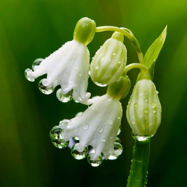 Delicadas flores de lirio de los valles que brillan con el rocío de la mañana