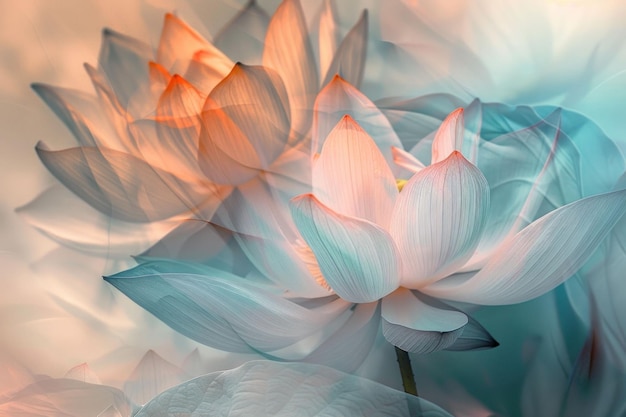 Delicadas flores de loto en suaves tonos pastel con un fondo sereno y borroso La luz etérea realza su belleza y tranquilidad