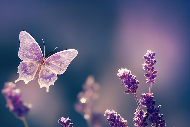 Delicadas flores moradas y una mariposa con alas rosadas vuela sobre ellas ilustración 3D