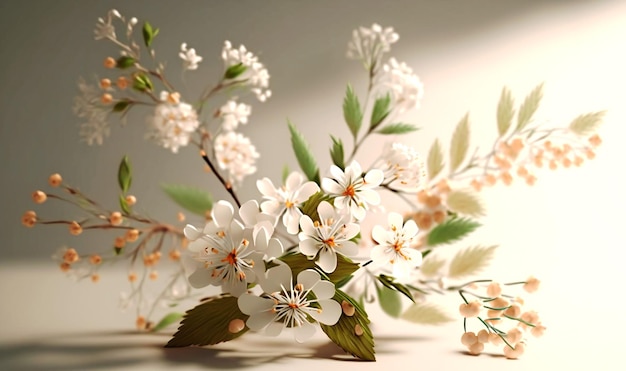 Delicadas flores de primavera dispuestas en papel blanco suave perfecto para tarjetas de felicitación e invitaciones