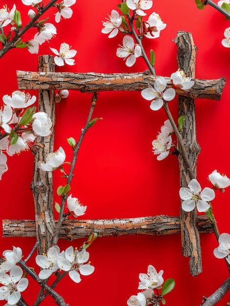 Foto delicadas flores de primavera en un rústico marco de madera contra un telón de fondo rojo vibrante belleza de la naturaleza