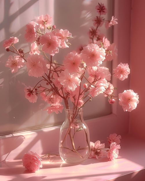 Delicadas flores rosadas en un jarrón de vidrio cerca de la ventana con luz natural