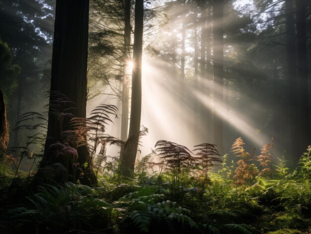 Delicadas flores silvestres e samambaias em uma floresta misteriosa