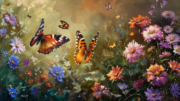 Foto delicadas flores silvestres y mariposas en lienzo con pinturas al óleo pintura