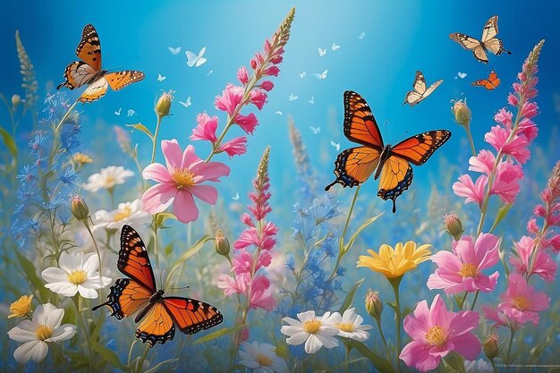 Delicadas flores silvestres rosadas y frágiles mariposas sobre un fondo azul Imagen de primavera de verano
