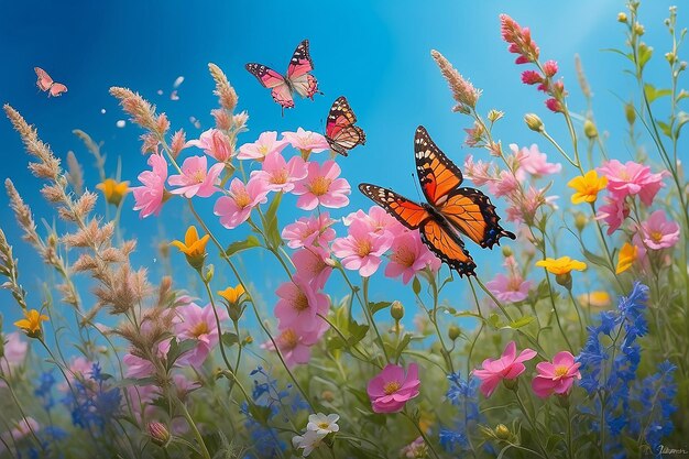 Delicadas flores silvestres rosadas y frágiles mariposas sobre un fondo azul Imagen de primavera de verano