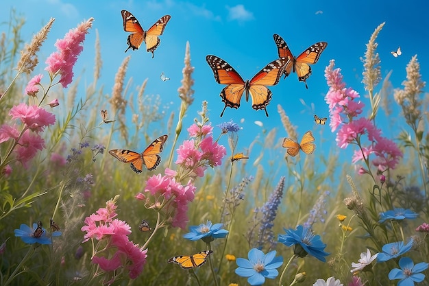Delicadas flores silvestres rosadas y frágiles mariposas sobre un fondo azul Imagen de primavera de verano
