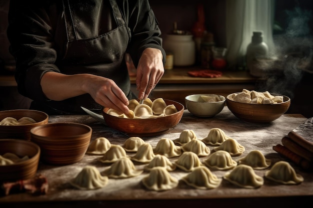 Delicadas mãos femininas habilmente confeccionando manti, uma reverenciada especialidade nacional da Ásia