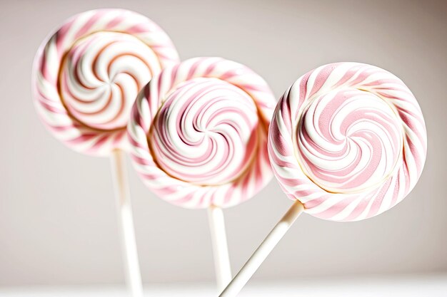 Delicadas piruletas rosadas hechas a mano con remolinos sobre fondo blanco ai generativo