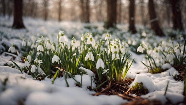 Foto delicadas raças de neve se abrem caminho através da neve na floresta de primavera