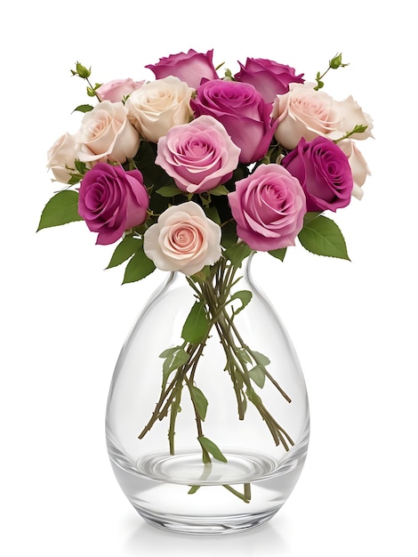 Delicadas rosas cor de rosa, brancas e roxas em vaso de vidro, fotografia de buquê floral