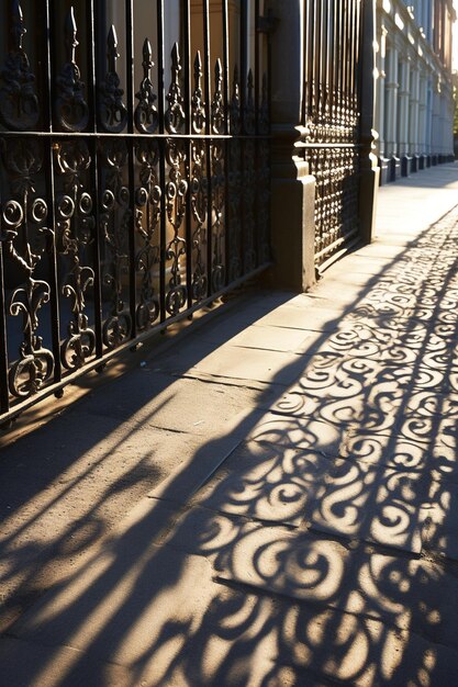 Delicadas sombras proyectadas por una puerta de hierro con diseño de cachemira sobre un pavimento iluminado por el sol