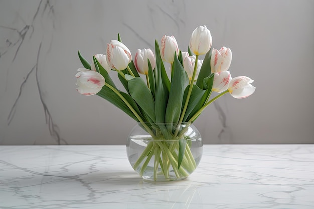 Delicadas tulipas de primavera em um vaso simples sobre uma mesa de mármore