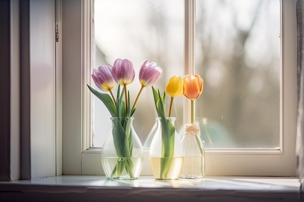 Delicadas tulipas de primavera em vaso no peitoril da janela