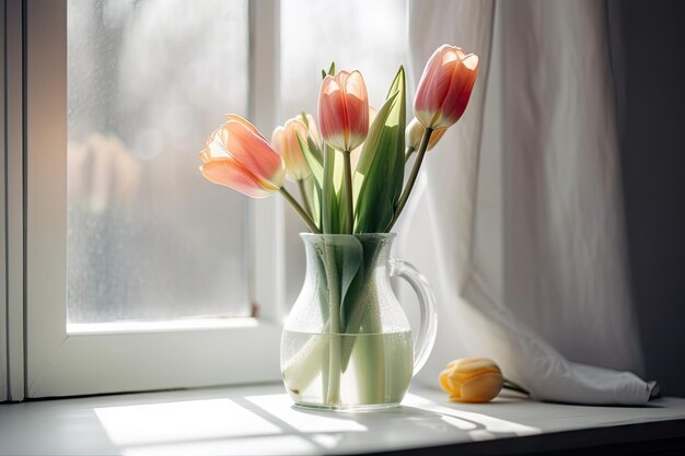 Delicadas tulipas de primavera em vaso no peitoril da janela