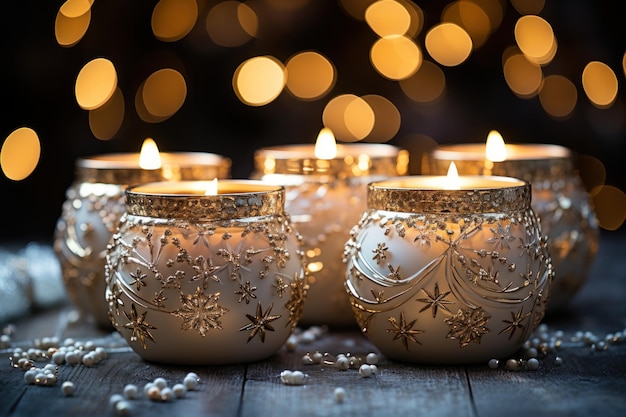 Delicadas velas adornadas con copos de nieve que capturan la belleza encantadora de la imagen navideña de invierno