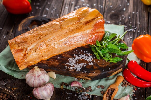 Delicadeza de carne, carne de porco cozida bonita, inteira ou fatiada em uma tábua de corte de cozinha, especiarias