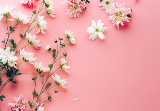 Delicado arreglo floral sobre un fondo rosa pastel con flores blancas y rosadas