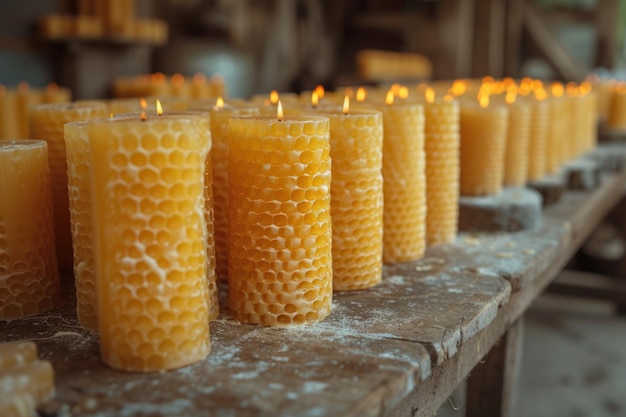 Foto el delicado arte de enrollar a mano velas de cera de abeja en un taller rústico