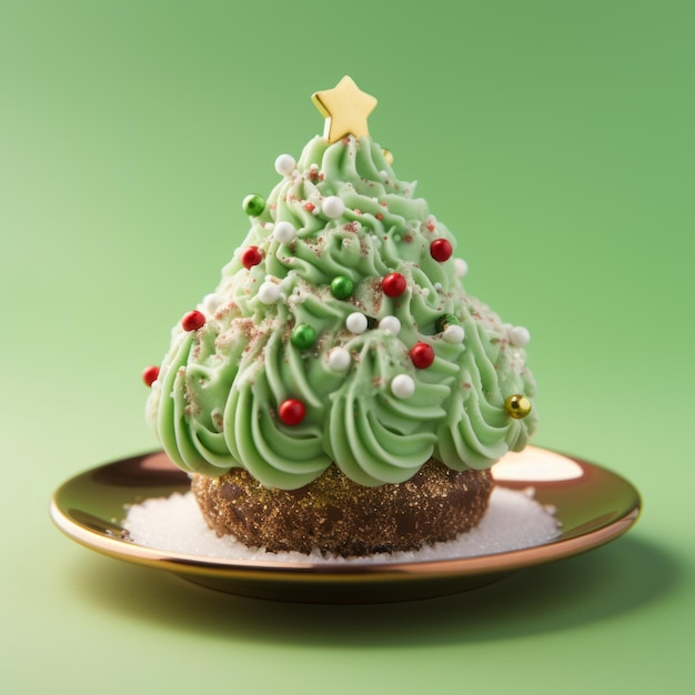 Delicado bolo de pudim de Natal com cobertura verde e detalhes dourados