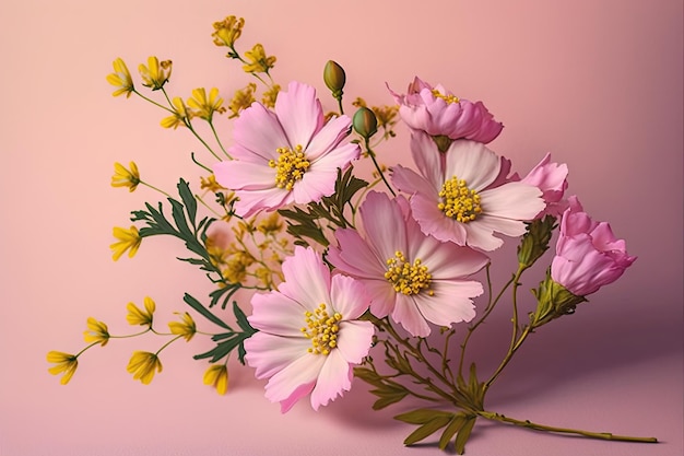 Delicado buquê de primavera de flores rosa brilhantes com pétalas amarelas e botões em fundo rosa pastel