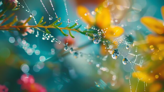 Foto delicado e detalhado close de uma teia de aranha coberta de orvalho matinal a teia está brilhando à luz do sol e as cores são vibrantes e saturadas