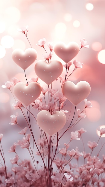 Delicado fundo rosa aéreo pastel com galhos e corações cartão de Dia dos Namorados