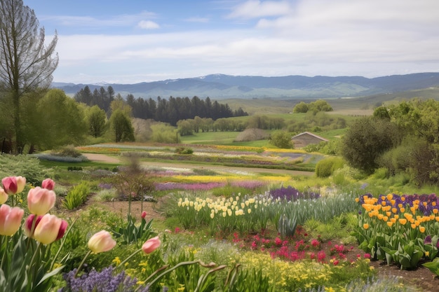 Delicado jardim de tulipas primaveris com colinas ao fundo