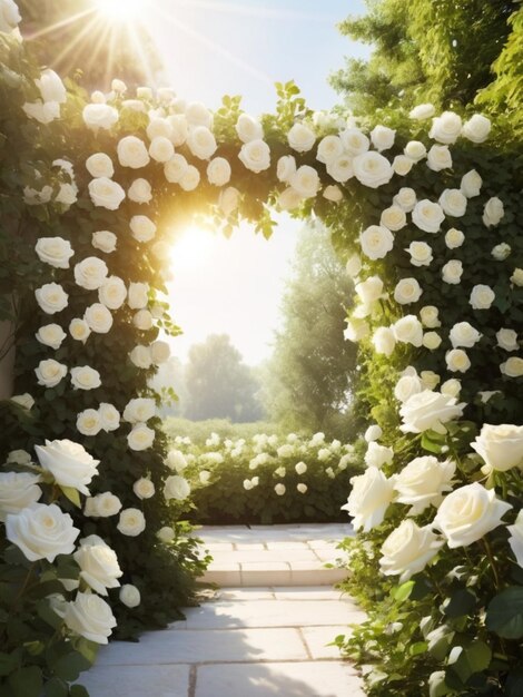 Un delicado jardín de rosas blancas que forma un marco alrededor de un lienzo abierto de suave luz solar
