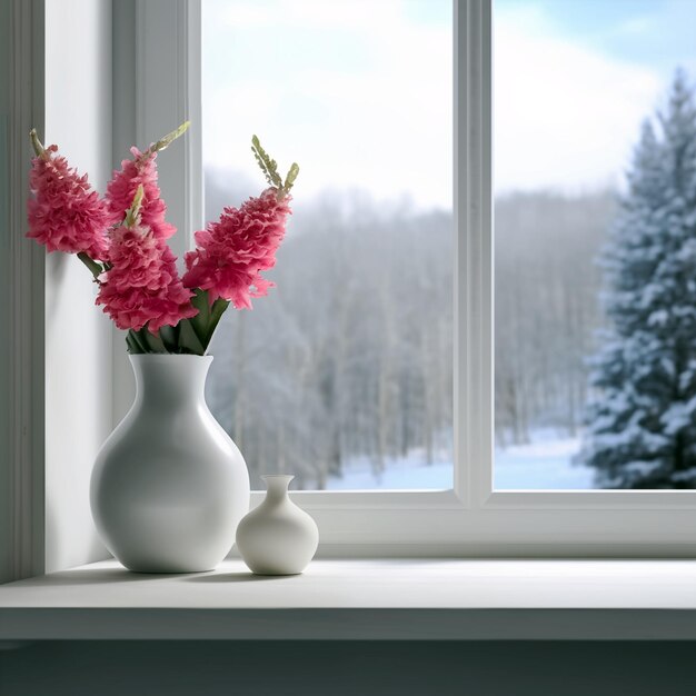 Un delicado jarrón adorna una alta ventana blanca