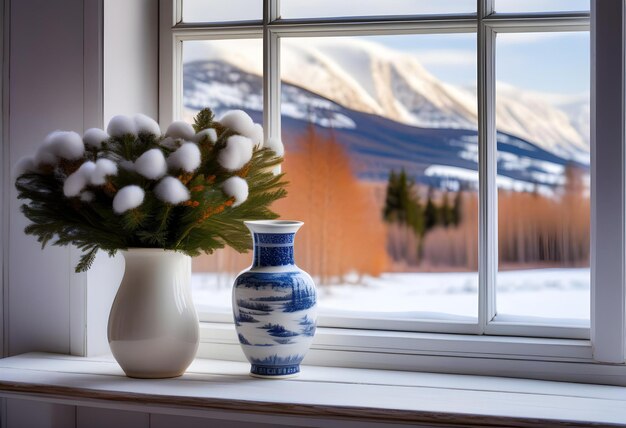 Un delicado jarrón adorna una ventana blanca alta que descansa sobre una mesa de madera blanca