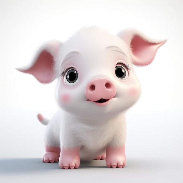 Delicado personaje de cerdo blanco 3d renderizado en estilo de ilustración infantil