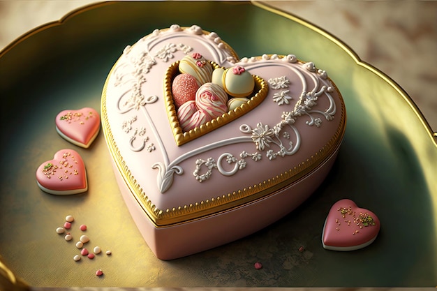 Delicado postre romántico con decoración de caja de dulces en forma de corazón