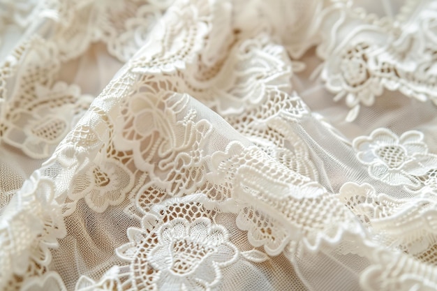 Delicado tejido de encaje blanco con intrincados patrones florales