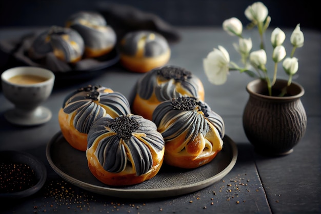 Delicados bollos de semillas de amapola con glaseado abigarrado para el desayuno