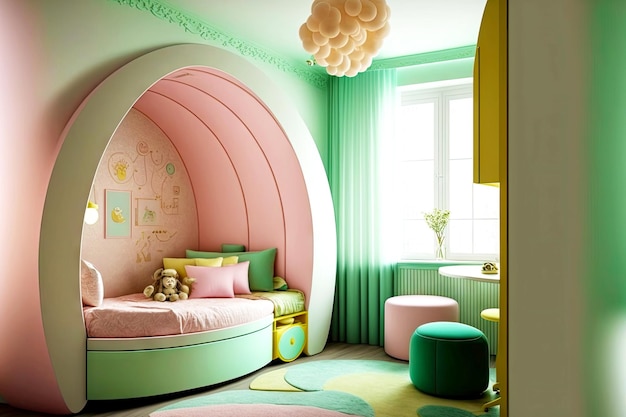 Delicados colores verde rosa pastel en la habitación de los niños con cuna con arco