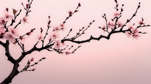 Delicados galhos de cerejeiras em flor contra um céu rosa pálido