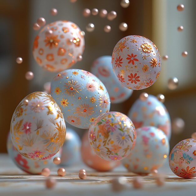 Delicados huevos de Pascua adornados con colores vibrantes y patrones intrincados flotan misteriosamente en el aire
