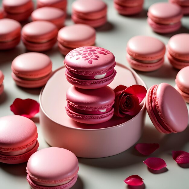 delicados macarons com sabor de framboesa e rosa, recheados com ganache leve e guarnecidos